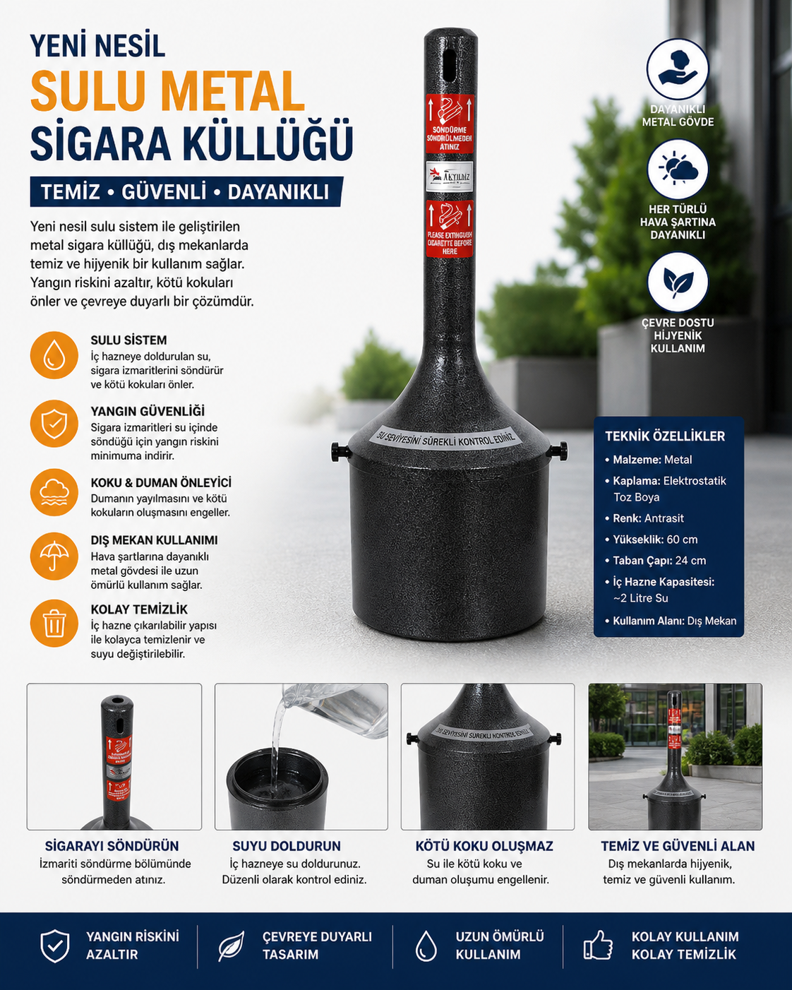 Yeni Nesil Sulu Metal Sigara Küllüğü Sulu Dış Mekan Metal Küllük