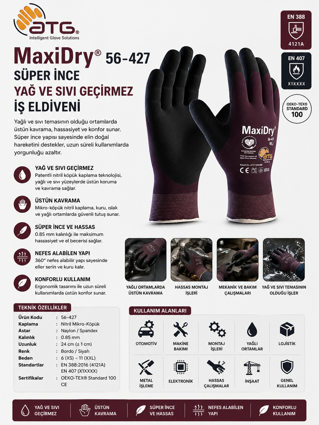 ATG MaxiDry® 56-427 Süper İnce Yağ ve Sıvı Geçirmez İş Eldiveni