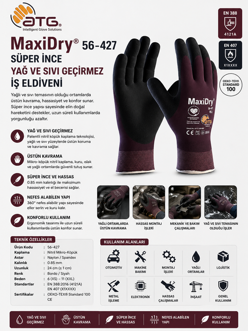 ATG MaxiDry® 56-427 Süper İnce Yağ ve Sıvı Geçirmez İş Eldiveni