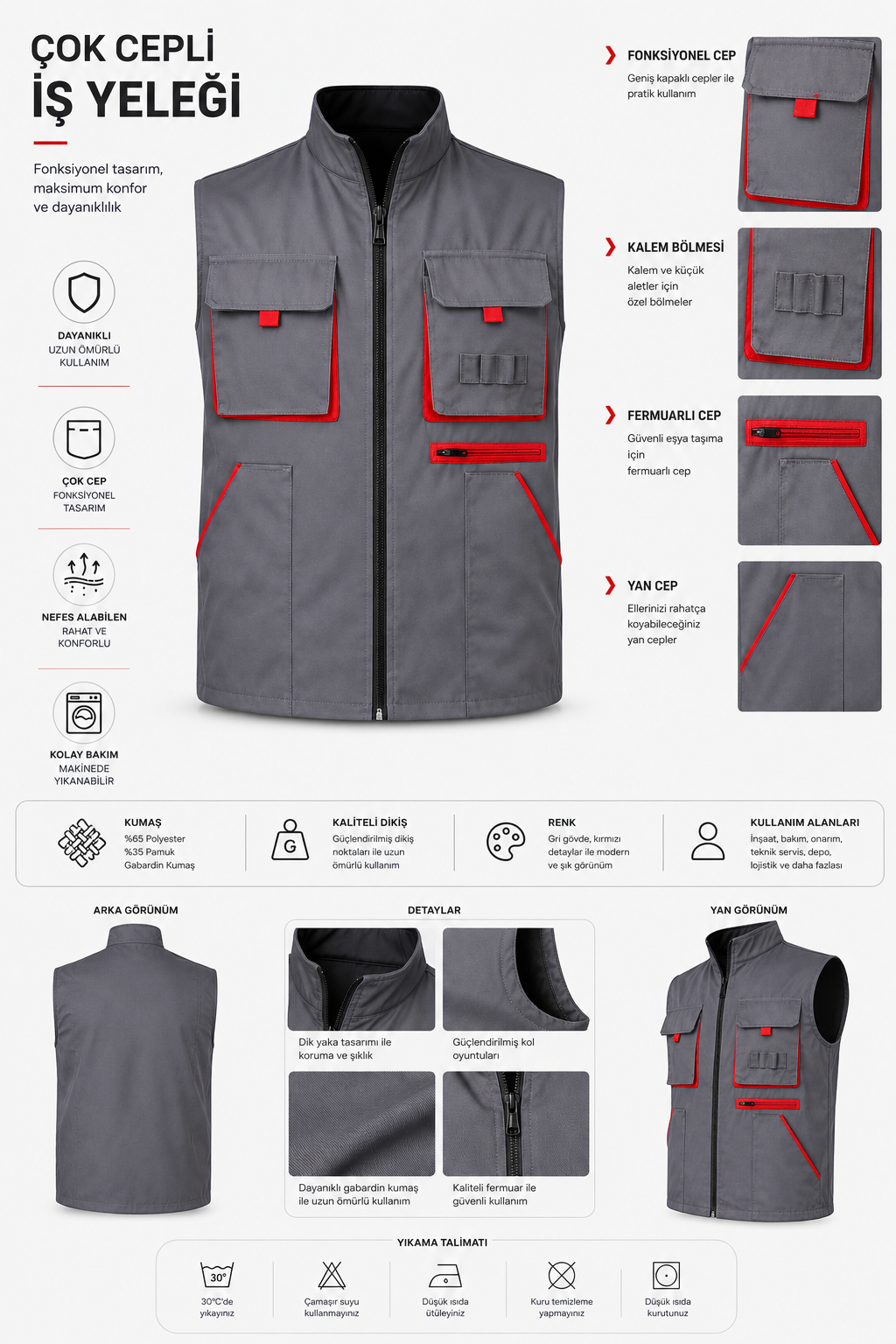 Gabardin İş Yeleği Çok Cepli Gri Kırmızı