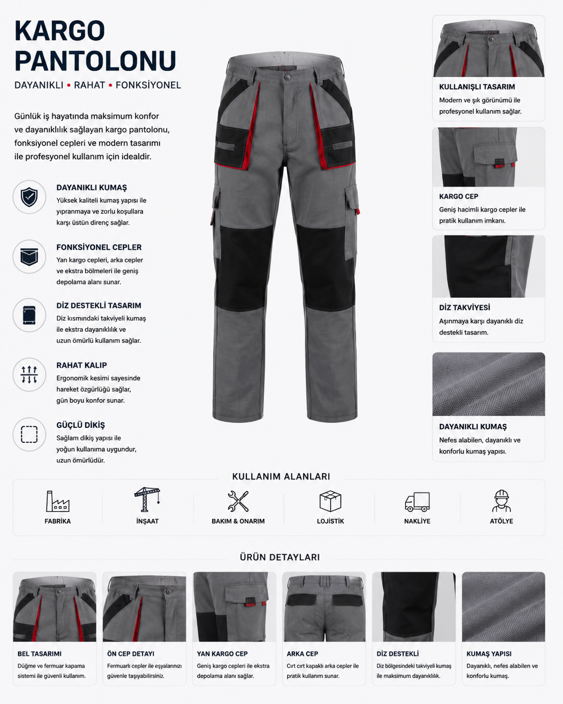 Dayanıklı Çok Cepli Kargo İş Pantolonu