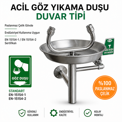 Paslanmaz Çelik Acil Göz Yıkama Duşu Duvar Tipi
