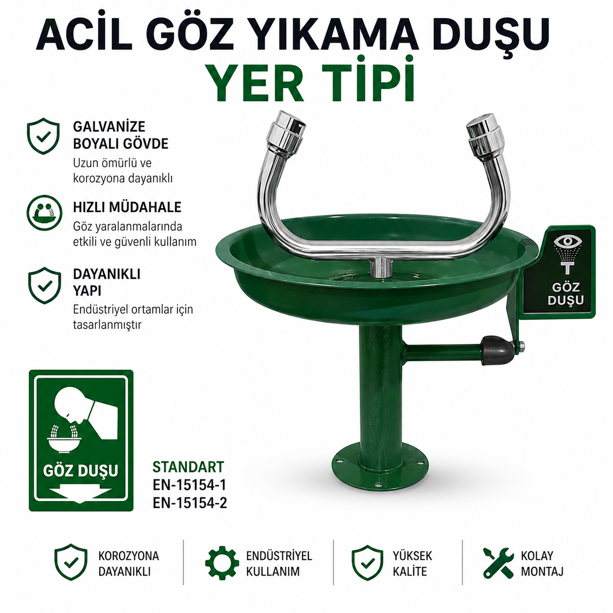 Acil Göz Duşu ve Göz Yıkama İstasyonu Duvar Tipi Galvaniz El Kumandalı