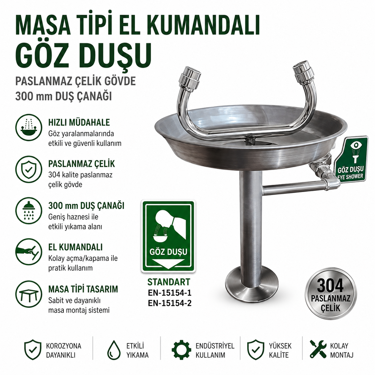 Paslanmaz Çelik Masa Tipi Göz Duşu El Kumandalı 300 mm