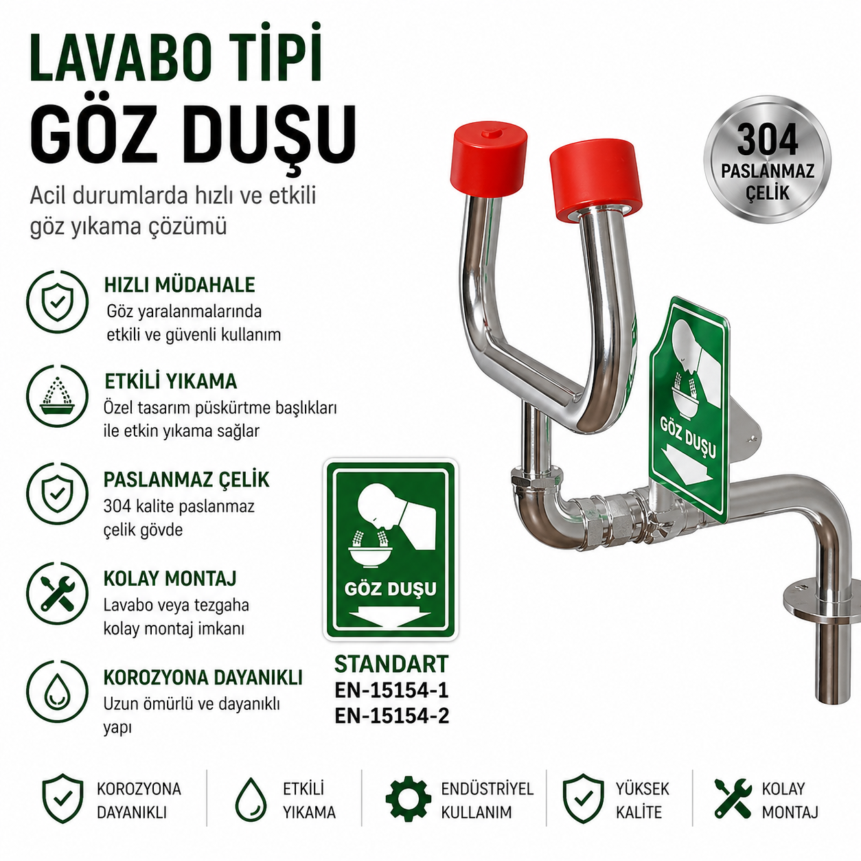 Paslanmaz Çelik Lavabo Tipi Acil Göz Duşu El Kumandalı