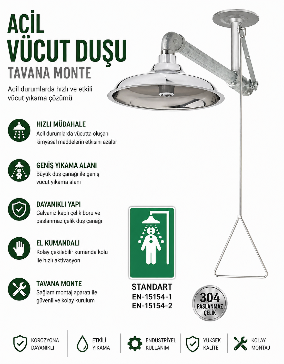 Paslanmaz Çelik Tavana Monte Acil Vücut Duşu
