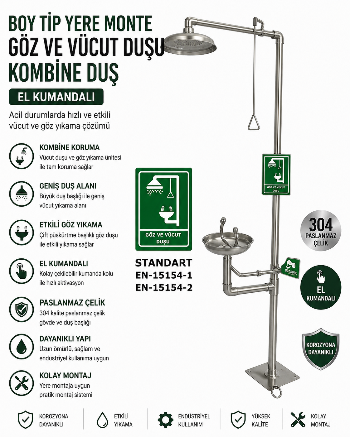 Boy Tip Yere Monte Göz Ve Vücut Duşu Kombine Duş Paslanmaz Çelik El KumandaIı