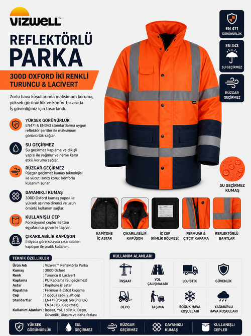 Vizwell™ Turuncu Lacivert 300 D Oxford İki Renkli Reflektörlü Parka