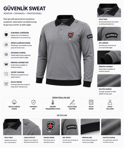Özel Güvenlik Sweatshirt Polo Yaka Uzun Kollu Güvenlik Sweat