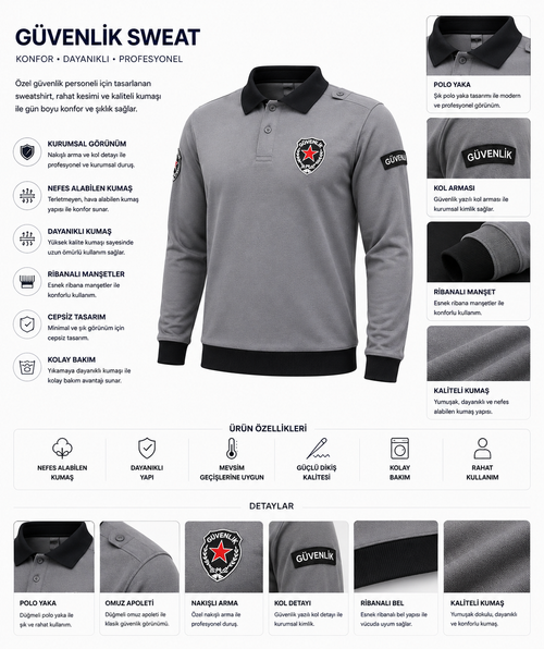 Özel Güvenlik Sweatshirt Polo Yaka Uzun Kollu Güvenlik Sweat
