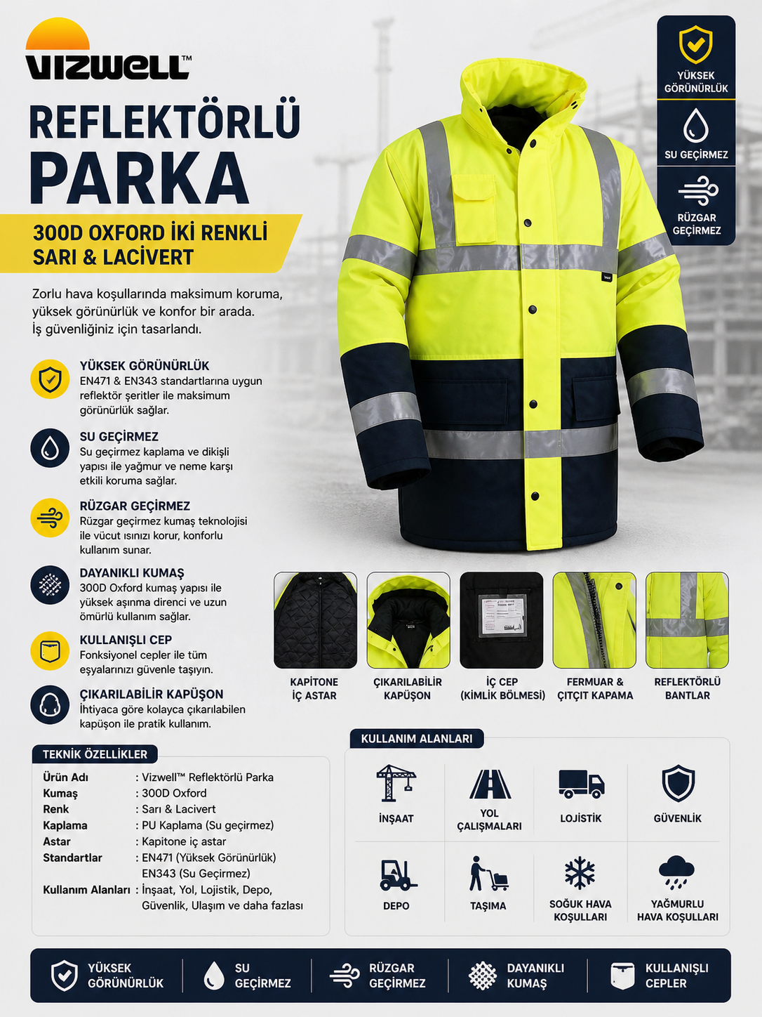 Vizwell™ Sarı Lacivert 300 D Oxford İki Renkli Reflektörlü Parka