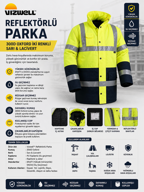 Vizwell™ Sarı Lacivert 300 D Oxford İki Renkli Reflektörlü Parka