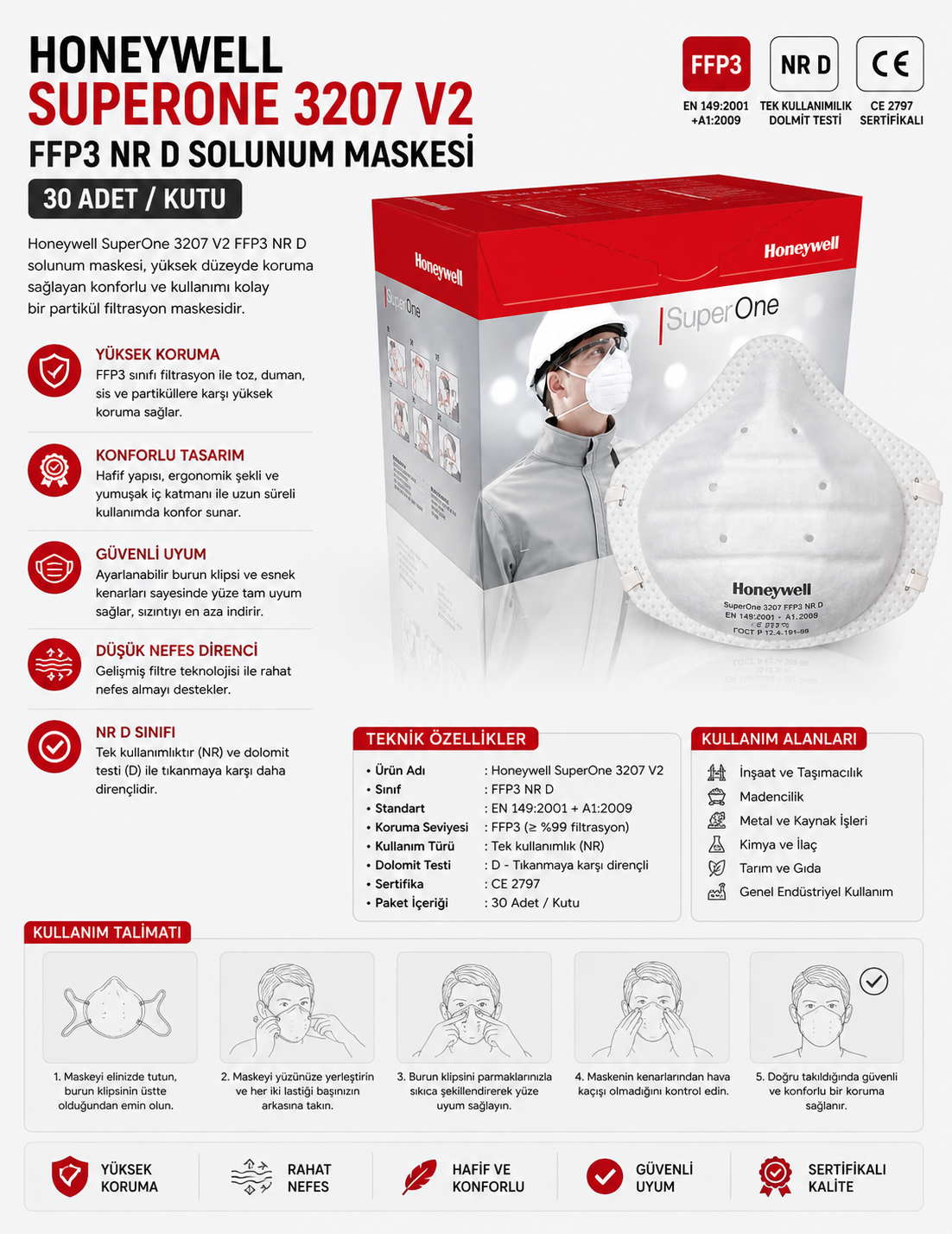 Honeywell SuperOne 3207 V2 FFP3 NR D Solunum Maskesi - 30 Adet/kutu