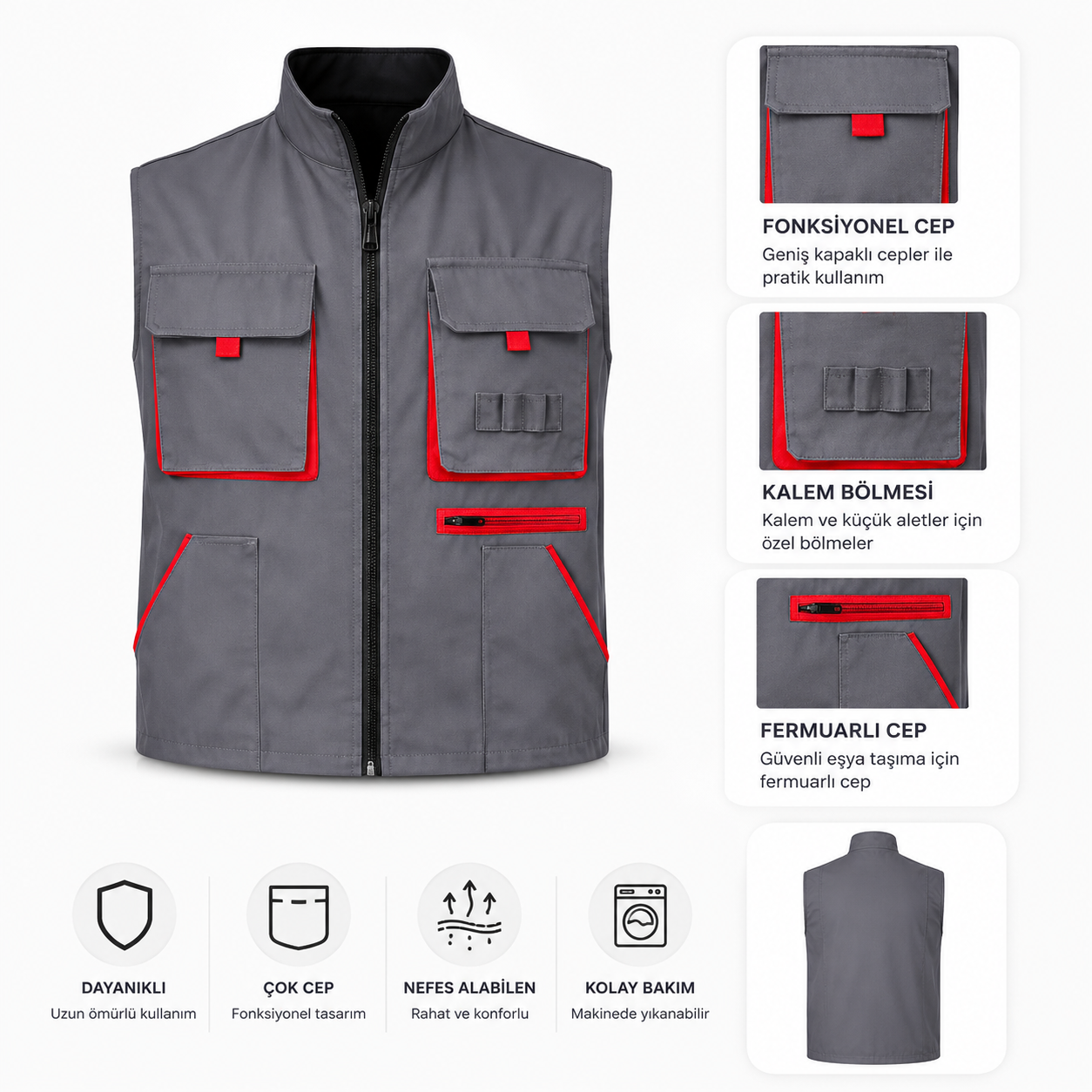 Gabardin İş Yeleği Çok Cepli Gri Kırmızı