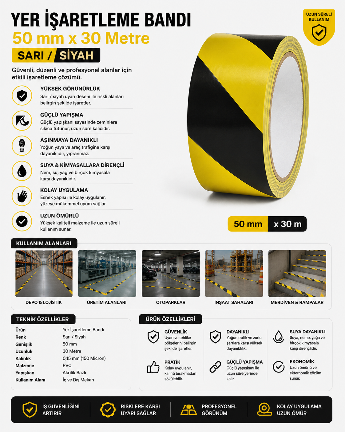 Yer İşaretleme Bandı 50 Mm X 30 Metre Sarı / Siyah