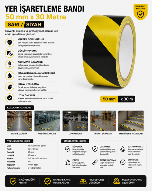 Yer İşaretleme Bandı 50 Mm X 30 Metre Sarı / Siyah