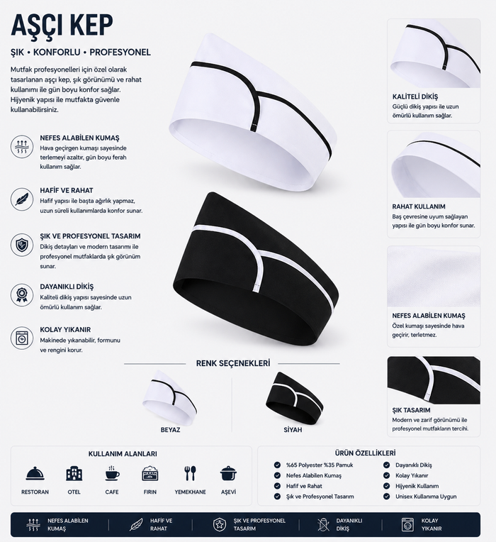 Profesyonel Aşçı Kep Beyaz Siyah