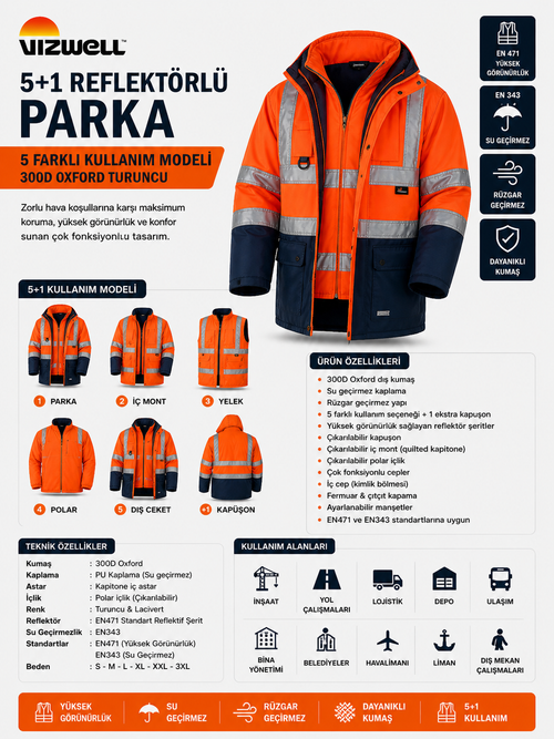 Vizwell™ 300 D Oxford 5+1 Reflektörlü Parka 5 Farklı Kullanım Modeli / Turuncu