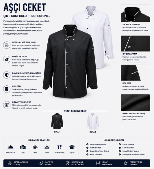 Profesyonel Aşçı Ceketi Siyah Beyaz