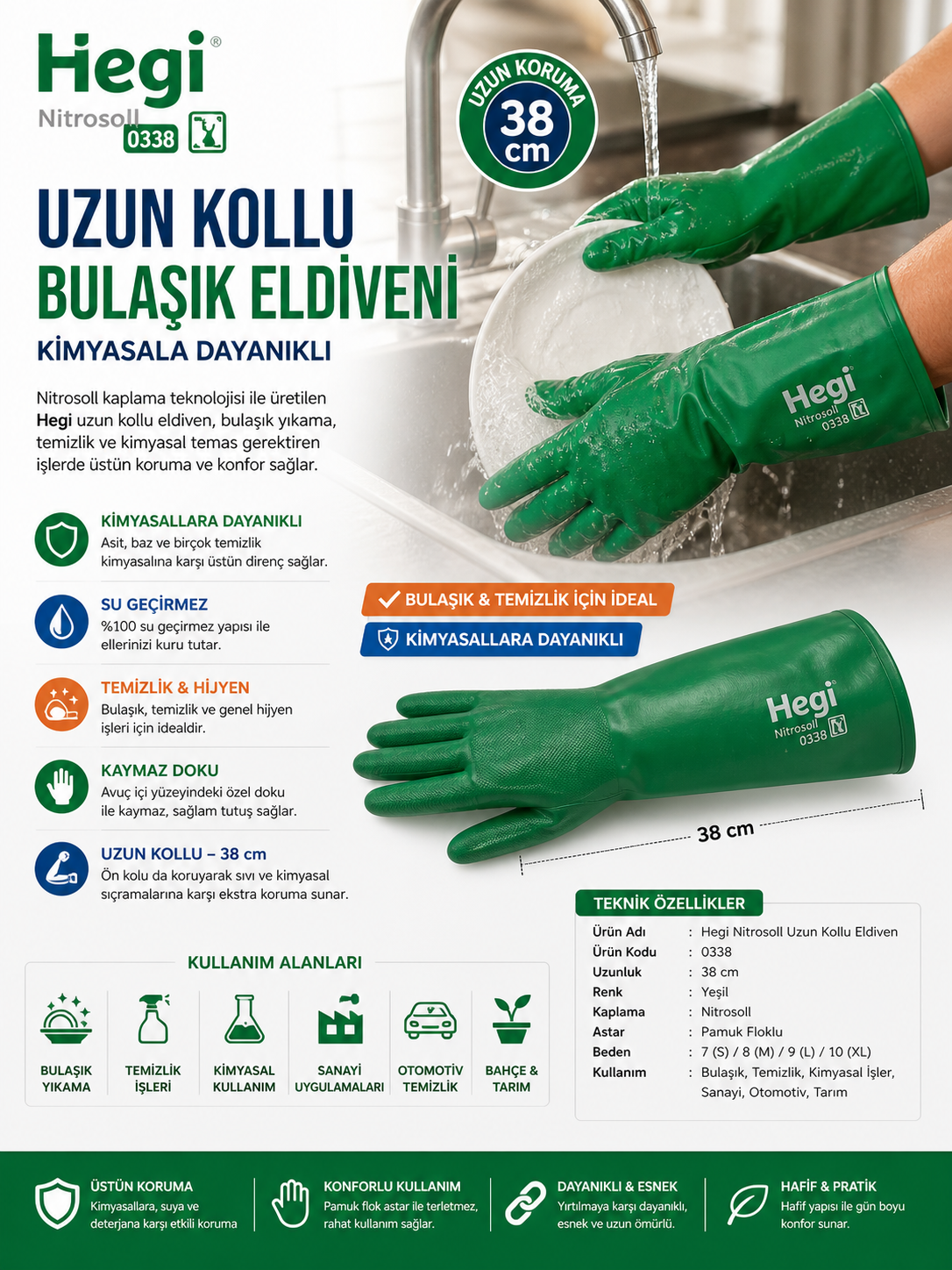 Hegi Nitrosoll Uzun Kollu Bulaşık Eldiveni 38 cm – Kimyasala Dayanıklı