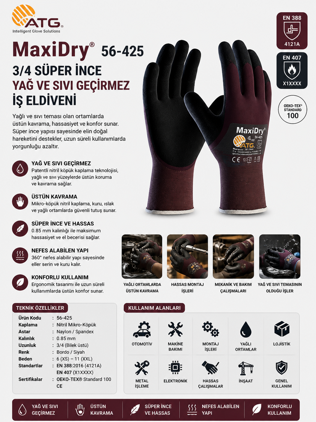 ATG MaxiDry 56-425 3/4 Süper İnce Yağ ve Sıvı Geçirmez İş Eldiveni