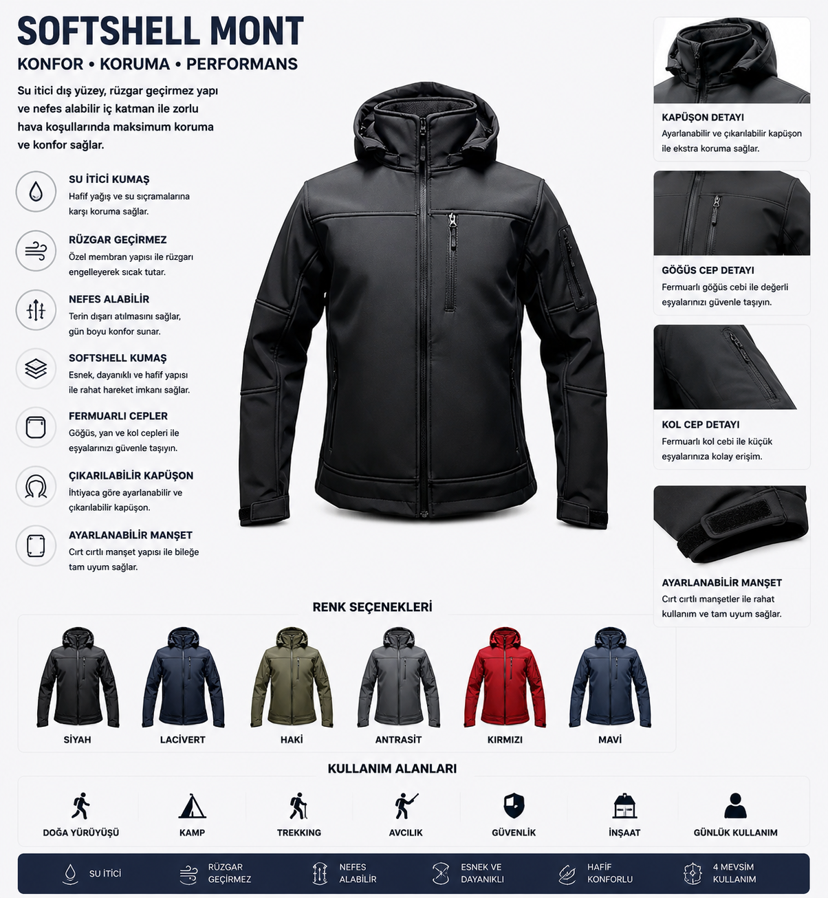 Kapüşonlu Softshell Mont Su ve Rüzgar Geçirmez
